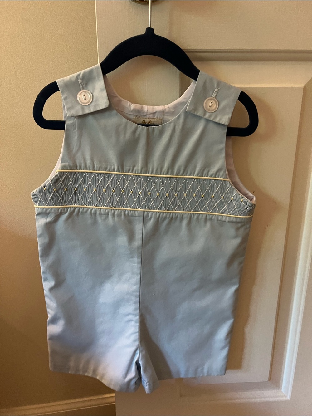 Beaufort Bonnet Baby Blue Smocked Boys Romper with Yellow Piping